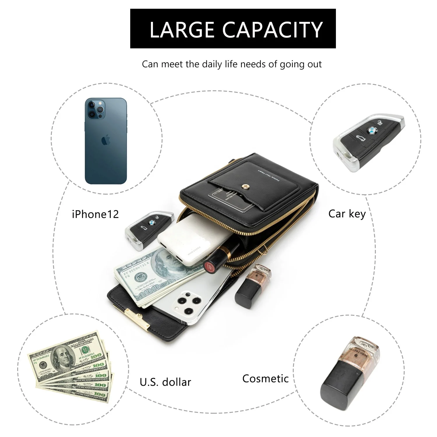 Solid Color Soft Pu Leather Double Layer Large Capacity Shoulder Messenger Phone Detachable Buckle Wallet Women Luxury Famous