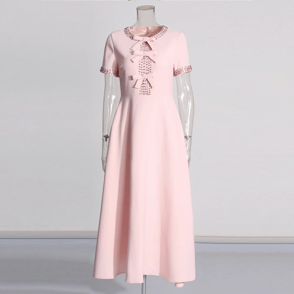 TWOTWINSTYLE 2024 New Arrivals Nail Drill Bow Short Sleeved High Waist a Line Elegant Dress for Women