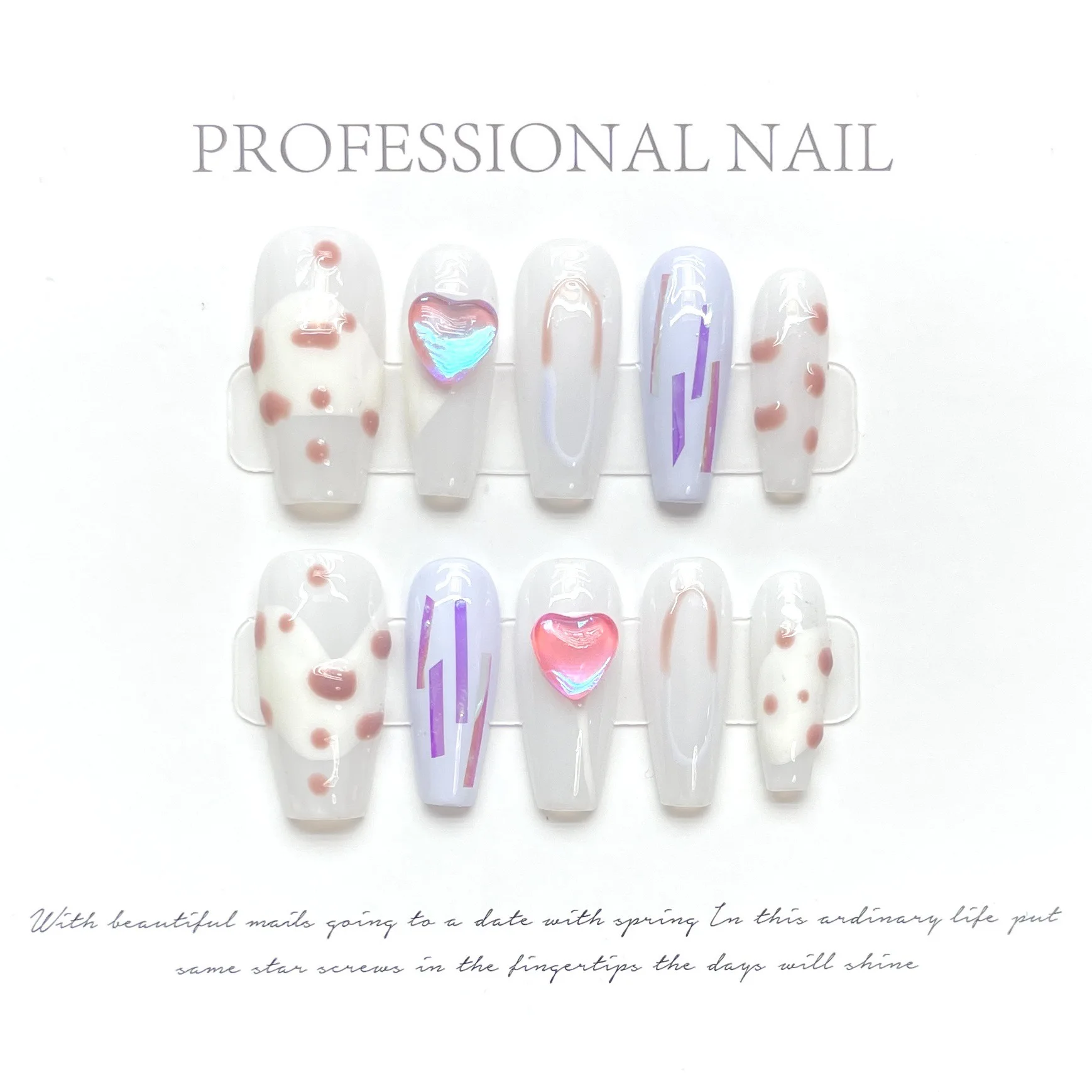Wholesale Custom Luxury Bling Stones Handmade Press On Nails Medium Coffin Heart Pearl French Tip Nails Manicure Acrylic Nails