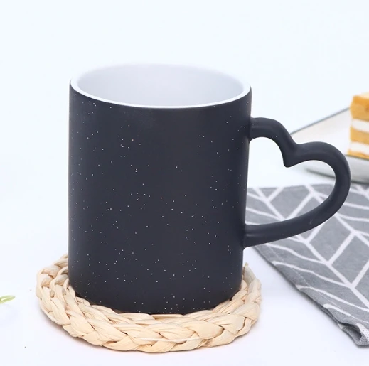 Wholesale Sublimation Ceramic Mug Heat Transfer Color changing Cup with Heart Handle 11oz Magic Mug