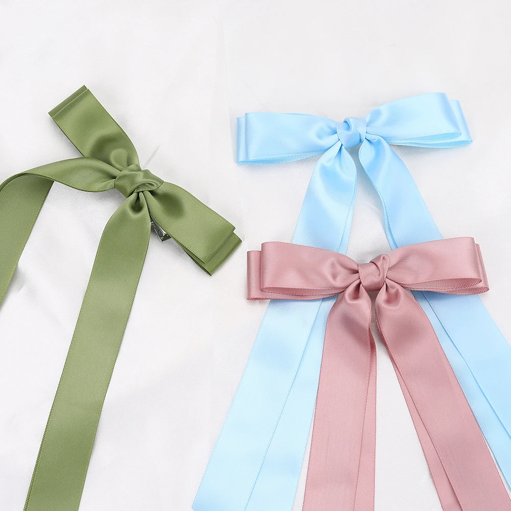 CN Large Satin Hair Bow Hair Ribbon Bows with Long Tail Hair Barrettes with Bow
