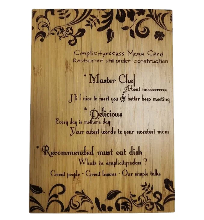 Bamboo wood custom creative laser engraved hotel restaurant menu