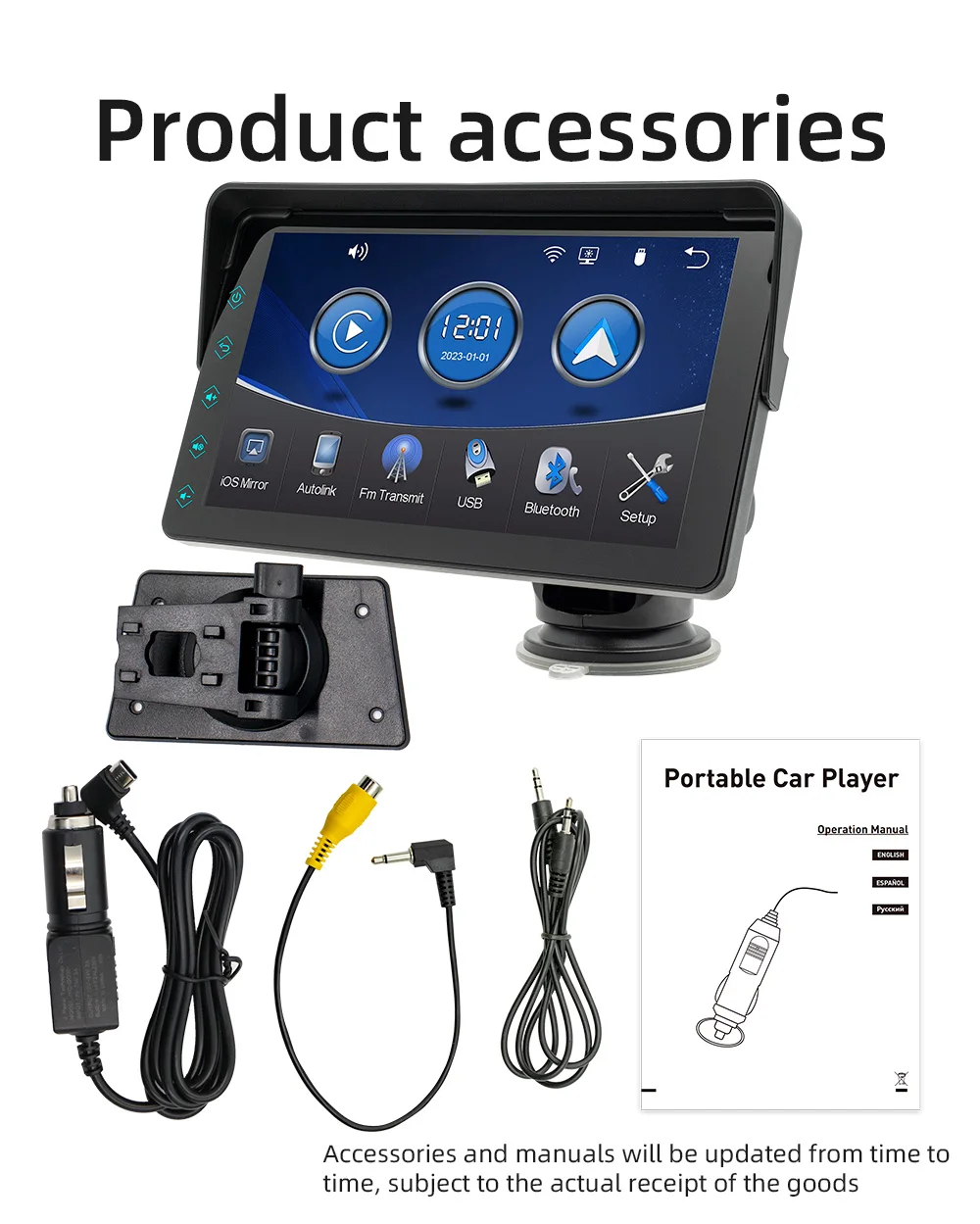 BQCC 7' IPS Portable MP5 Car Player Wireless CarPlay Android AUTO Mirrorlink Type-C Interface Colorful Button Light Car Radio