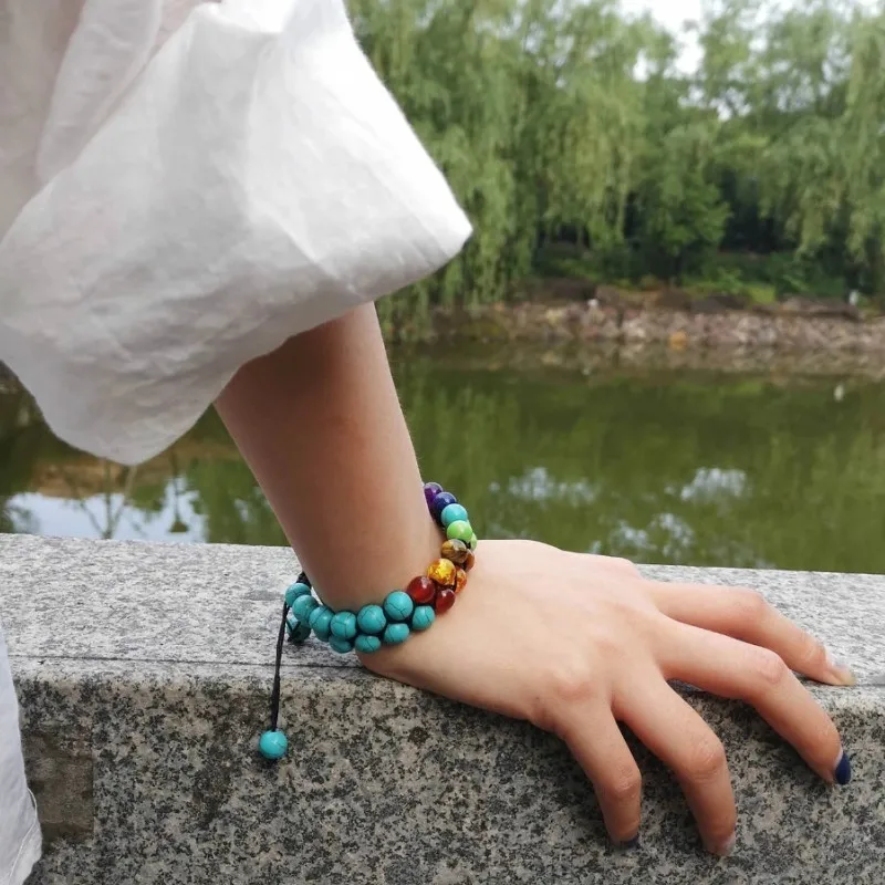 7 Chakra Beads Lava Rock Bracelet 8mm Double Layer Row Adjustable Unisex Yoga Stone Energy Healing Stone Bracelets