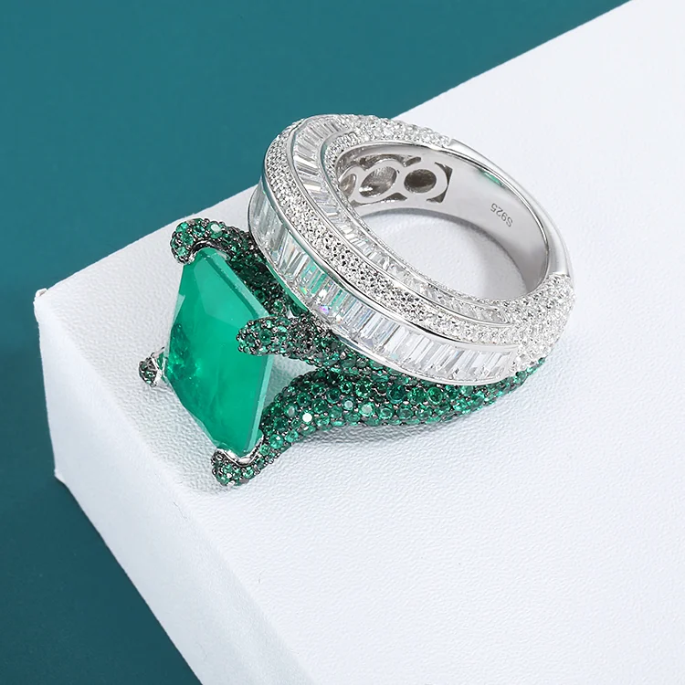 Luxury S925 Sterling Silver Emerald Ring Jewelry Full Cubic Zirconia Big Green Stone Rings Turkish Jewelry Set