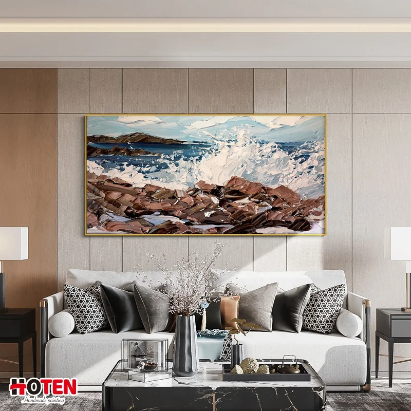Hand-painted ocean wave blue texture large size new design thick landscape poster artwork ocean wave abstract oil painting