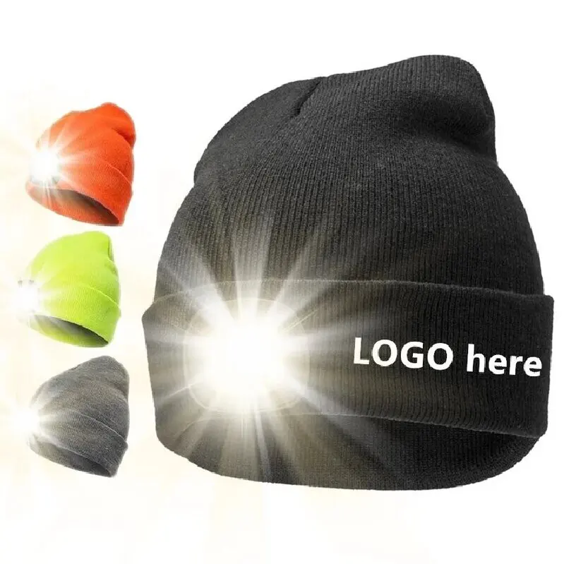 Free Sample USB Rechargeable Lighted Beanie Cap For Men Women Outdoor LED Beanie Hat with Light Knit Hat with Headlight running