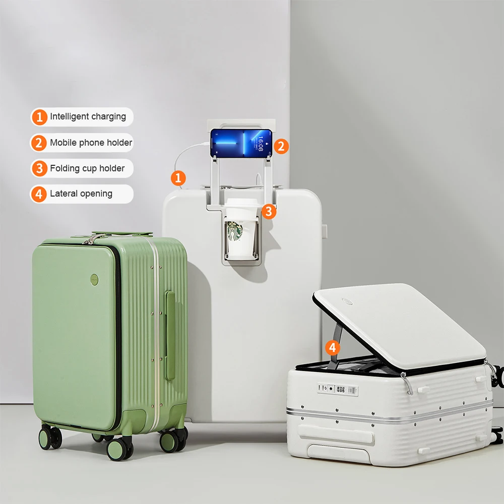 Mixi cup holder carry on suitcases maletas de viaje USB charge port aluminum trolley hook cabin luggage suitcase on wheels