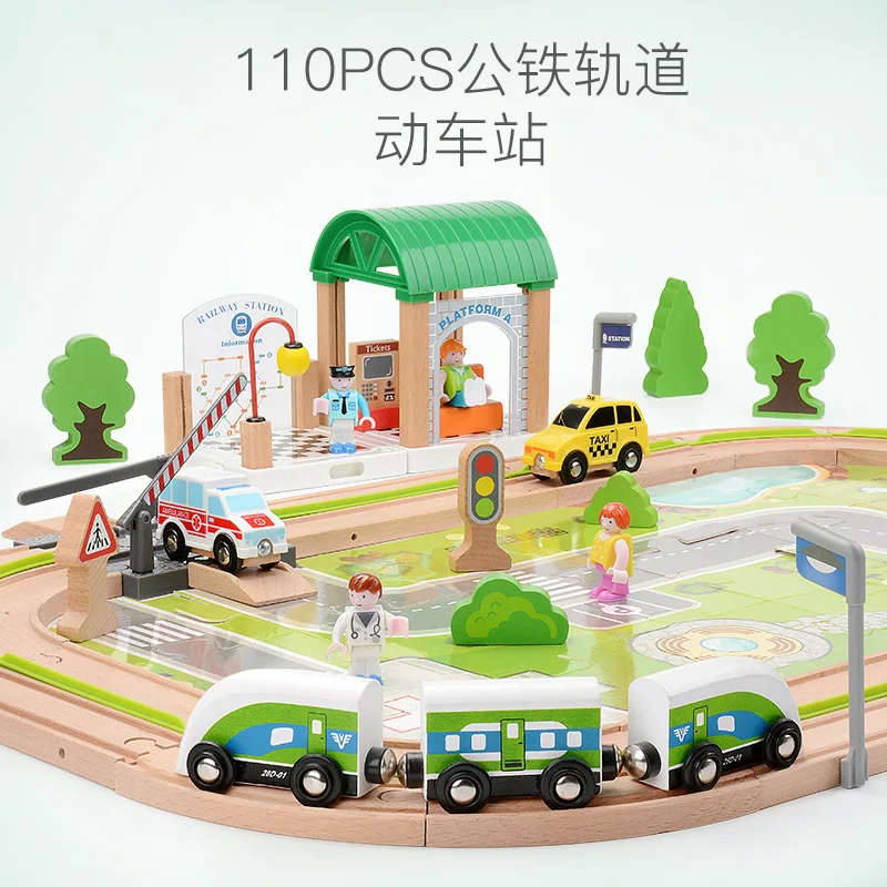 110PCS beech Wooden electric Train Track 3-7 Years Old Toddlers & Kids building Railway Set Toys for Kids