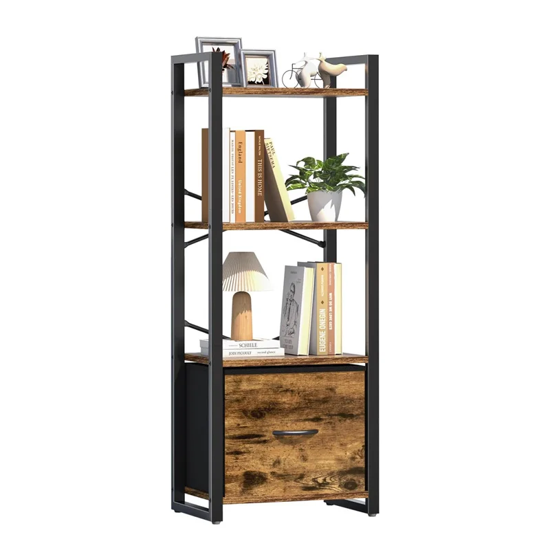 Bedroom Living Room Office Storage Organizer Drawer Small Bookcase Narrow Industrial Bookshelves Shelf 4 Tier Book Shelf