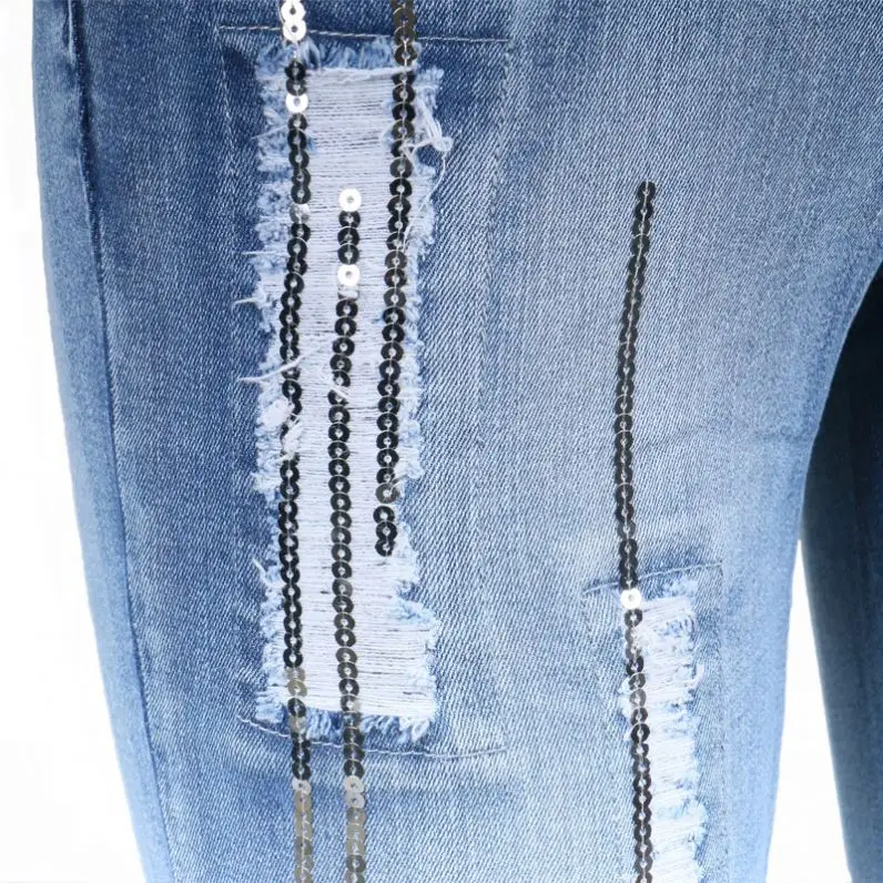 Новые Модные полусапоги до середины талии рваные джинсы для женщин с блестками и синие стретчевые джинсы для женщин