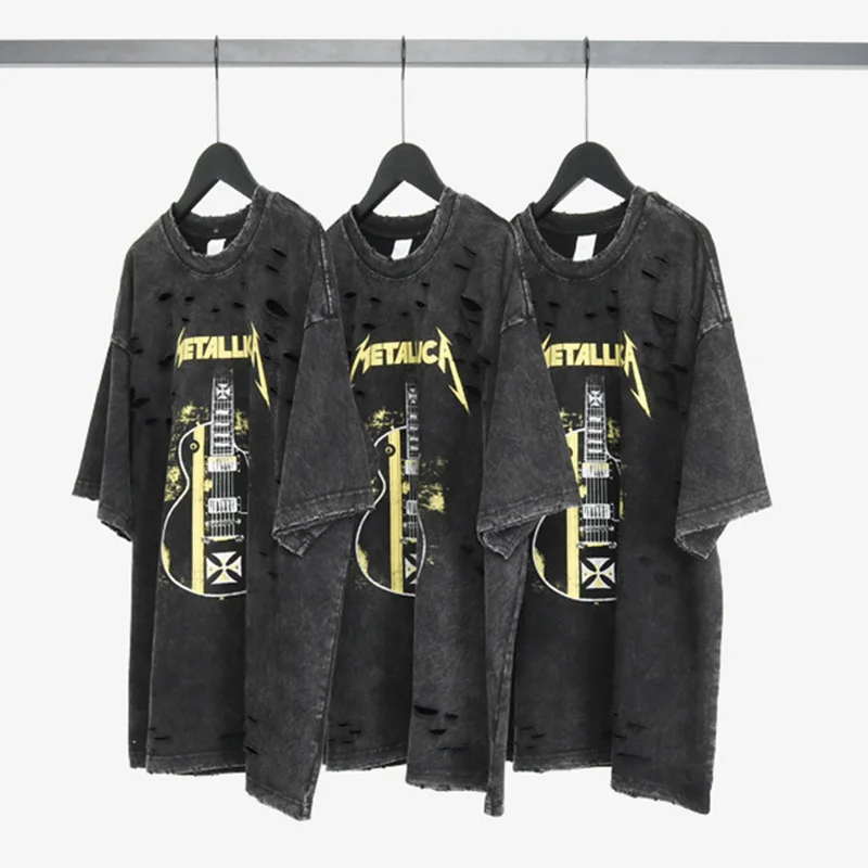 Custom Pattern Dtg Printing T Shirt Heavy Weight Cotton Black Acid Wash Tshirt Lightly Distressed Vintage Washed Tshirt For Men