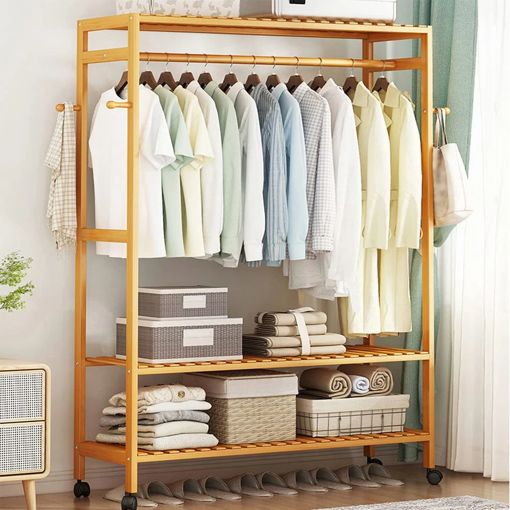 Three-in-one hanging space with wheel design is sturdy and beautiful bamboo clothes shelf