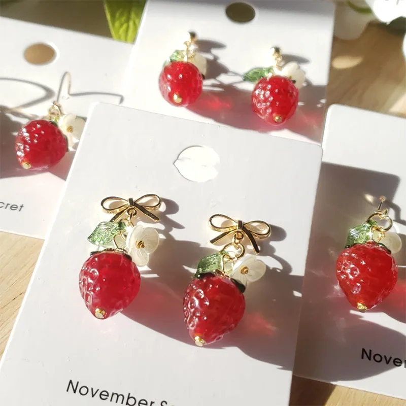 STRAWBERRY Czech Glass Bead Earrings with White Flowers and Leaves - Cute Fruit Aesthetic Glass Strawberry Drop Earrings Fruit