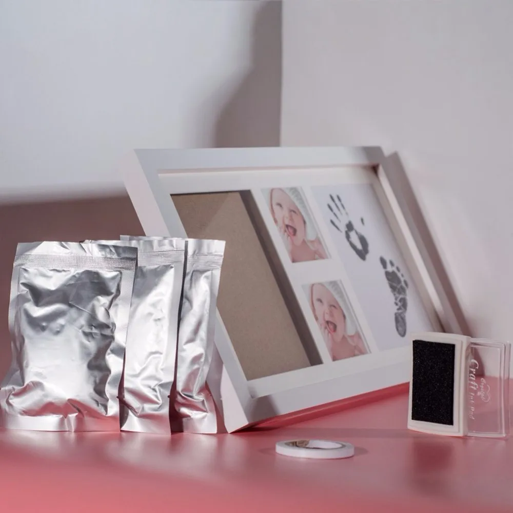 4 opening Wooden baby first year photo frame hand print clay inkpad print frame kit baby picture frame