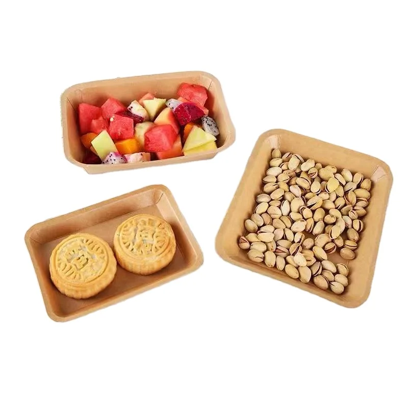 Supermarket Packing Tray with Cling Film Wrap Brown Kraft Paper Disposable Plate Tray