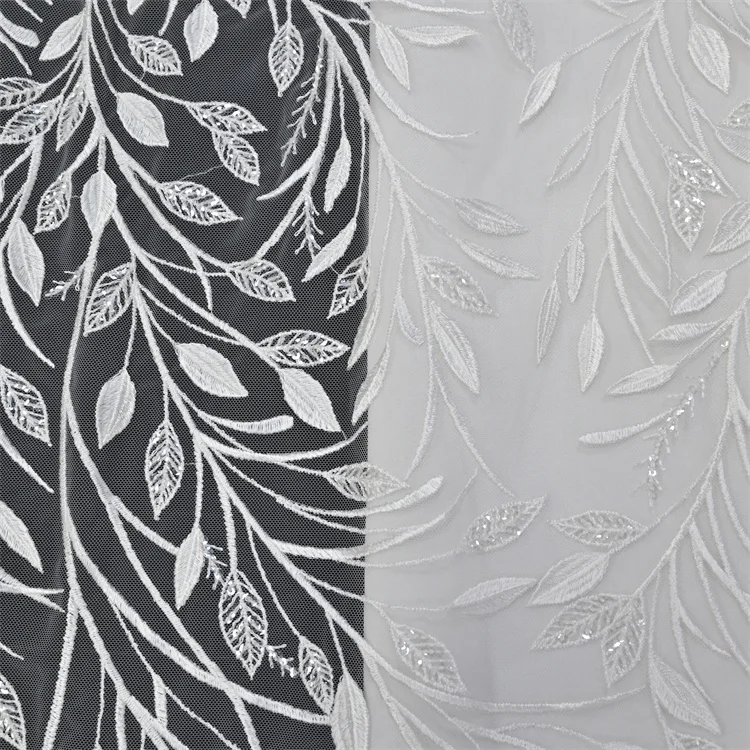 Leaf Branch Colour Custom Bridal Sexy Ivory White Exquisite Wedding Dress Design Sequin Tulle  Embroidery Lace Fabric