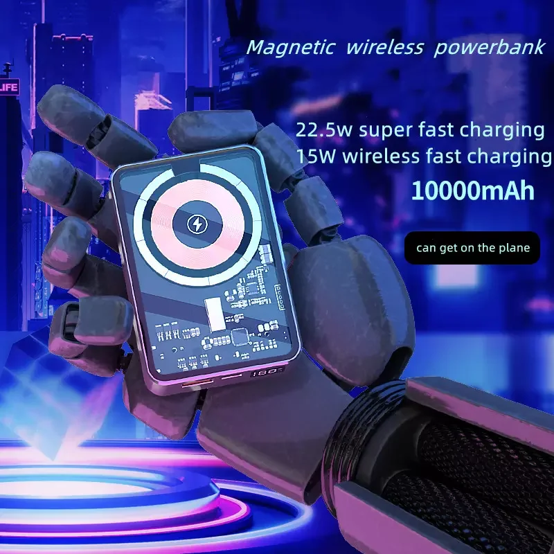 Magnetic Wireless Charging Power Bank 10000mah Metallic Feel Visible Body Transparent Cover Portable Mini Wireless Power Banks