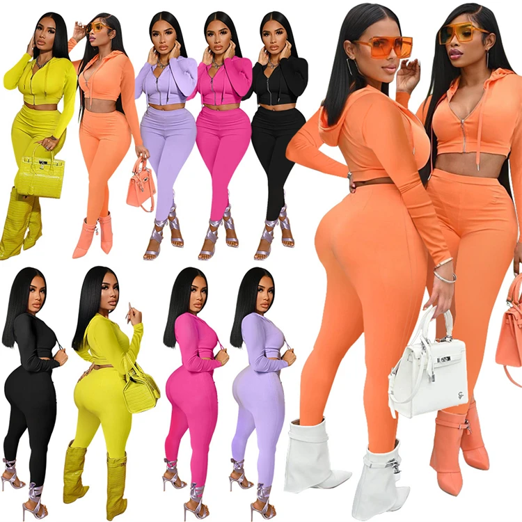 D12500 Solid color fashion casual sportswear ladies 2 piece set women sport clothes sweatpants and hoodie