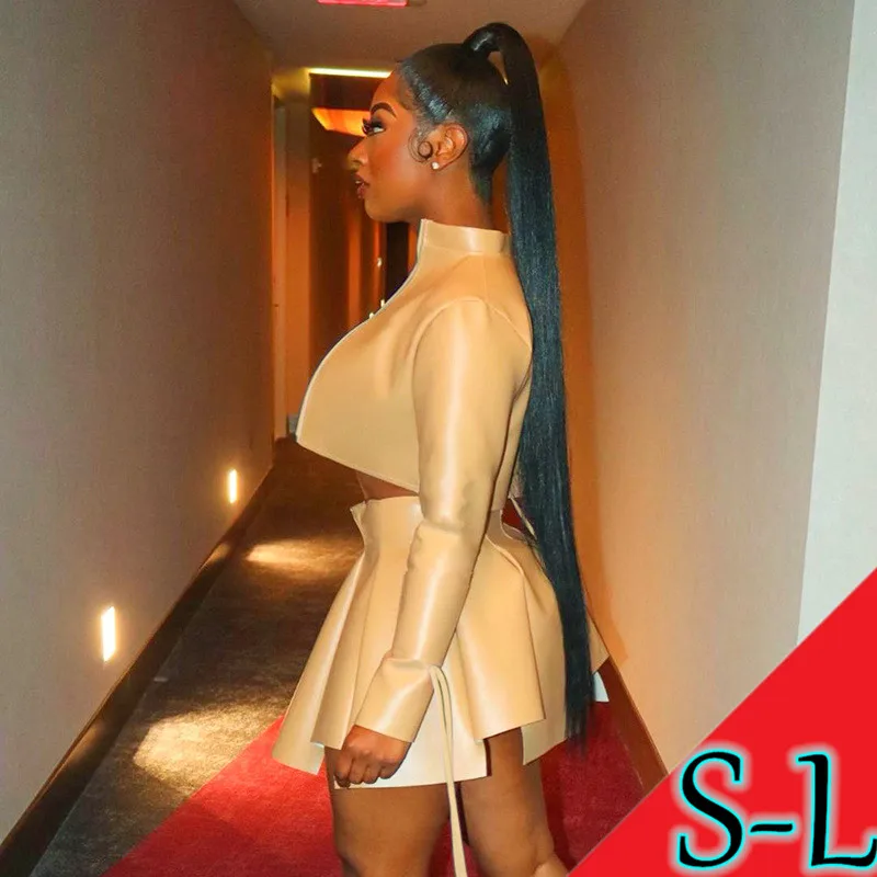 MISS Q K21ST506 Women Leather Jacket With Mini Skirt Sets 2021 Autumn Outfits Stripper Cotsumer 2 Piece Clothes Crop Short Tops