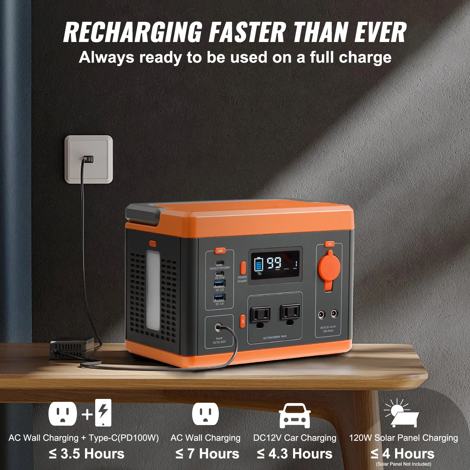 Portable Power Station Solar Generator 296Wh 300W Backup Lithium Battery LCD Screen for Outdoors Camping Travel Emergency