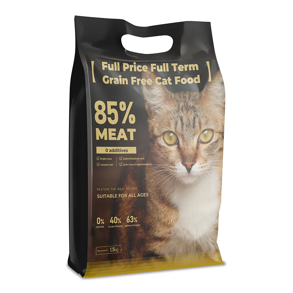 Reusable color printing petfood plastic zip lock bag flat bottom eight seam pet food package with handle