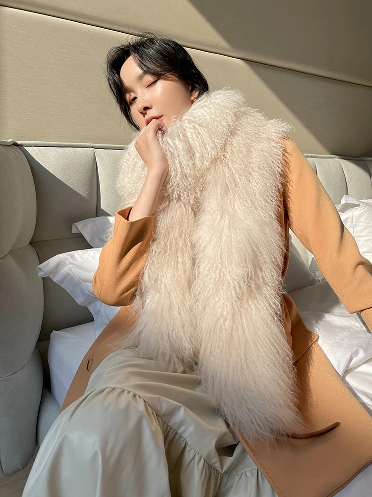 ZDFURS*  Quality mongolian fur Tibet sheep fur scarf Double-Sided Whole skin  Fur Collar  long Thickened