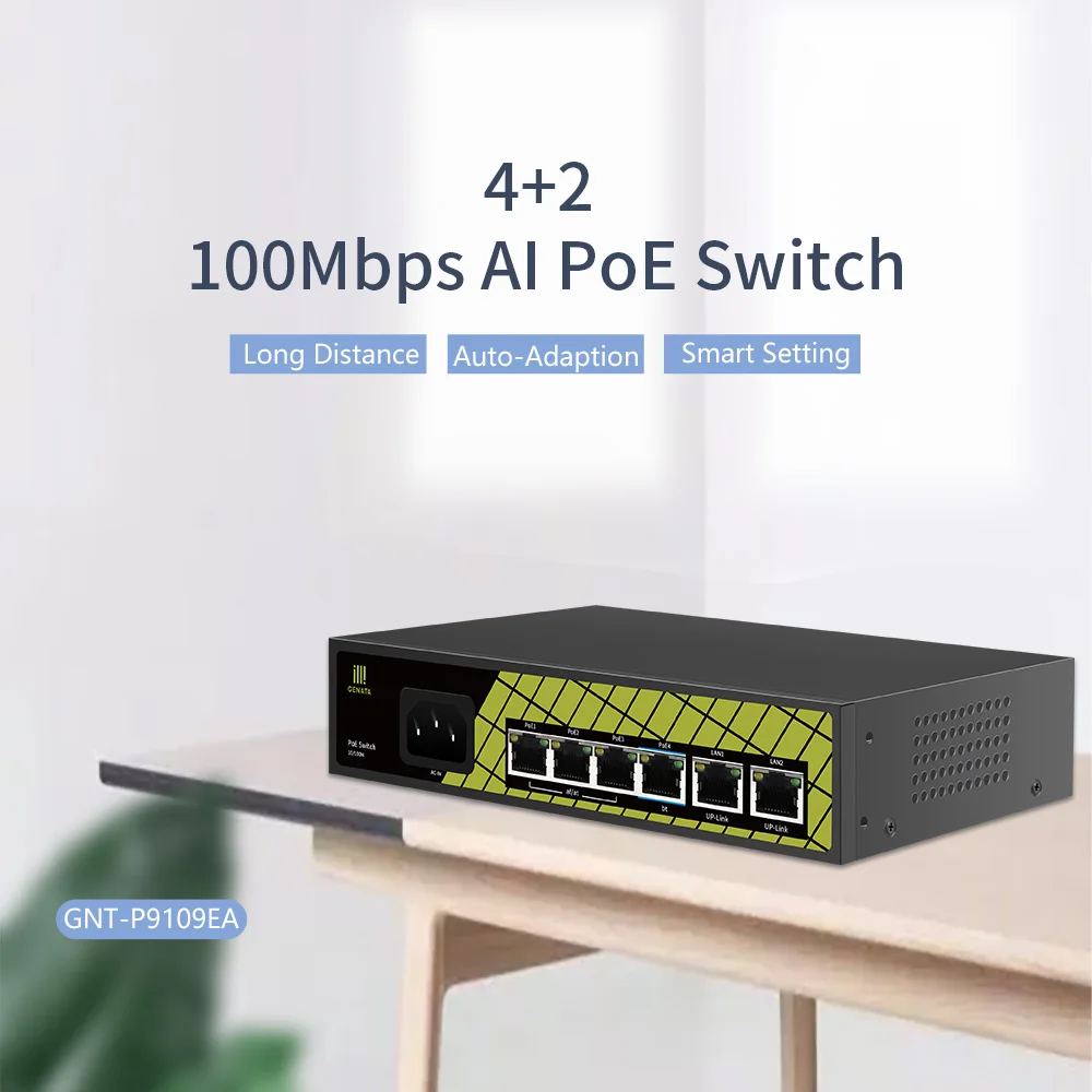 Factory GENATA AI Watchdog 48V Adaptive 250M Unmanaged Network PoE Switches 4 Port with 2 Uplink Port