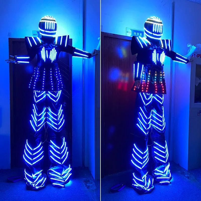 Led Robot Stilts Costumes for Women Performer Party Halloween Light Up Robot Cosplay Helmet Outfit DJ Nightclub