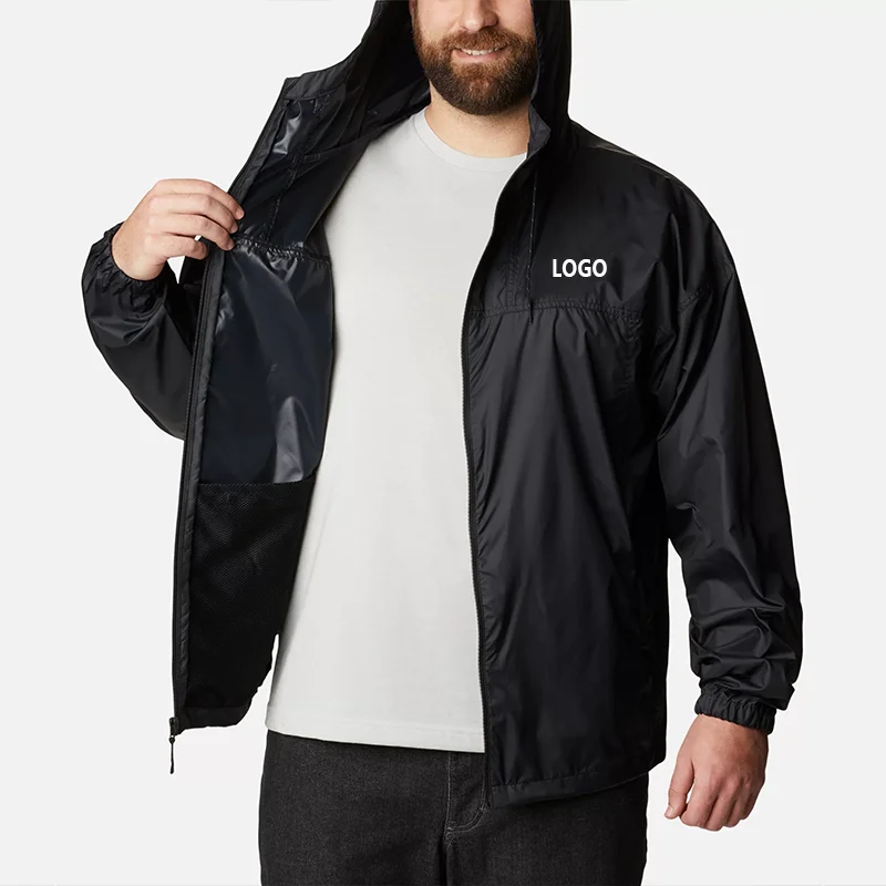 OEM Wholesale Custom Water Proof Black Spring And Fall Thin Outdoor lightweight Hiking Hooded Windbreaker Jacket For Men
