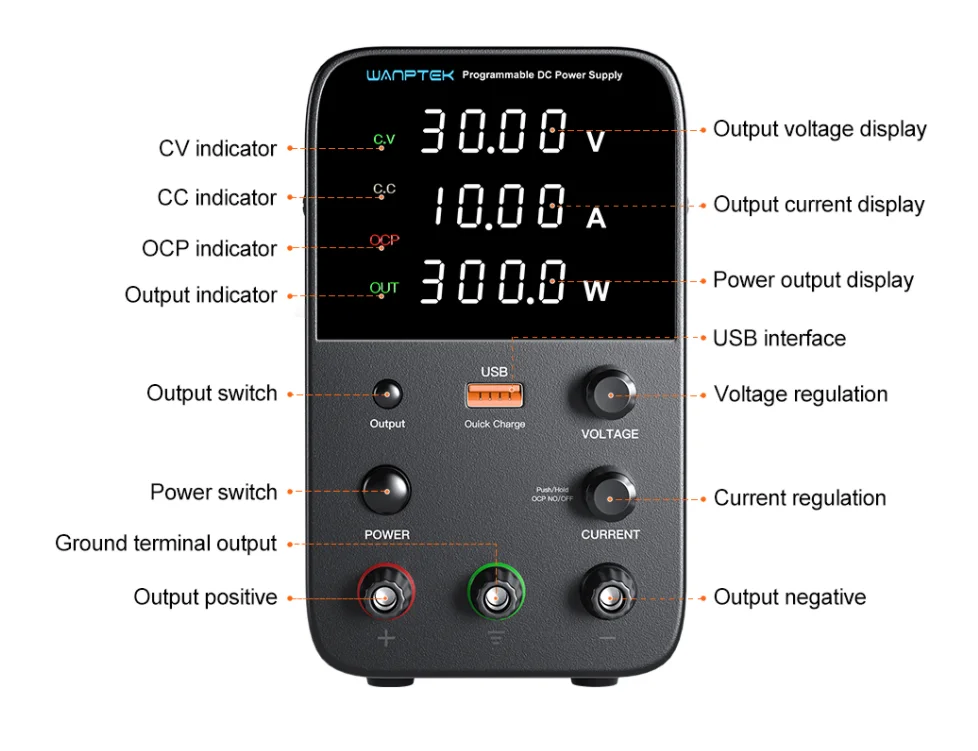 Wanptek WPS3010H 30V 10A USB Output Adjustable Black Switching Digital Lab Variable DC Power Supply For Mobile Repair