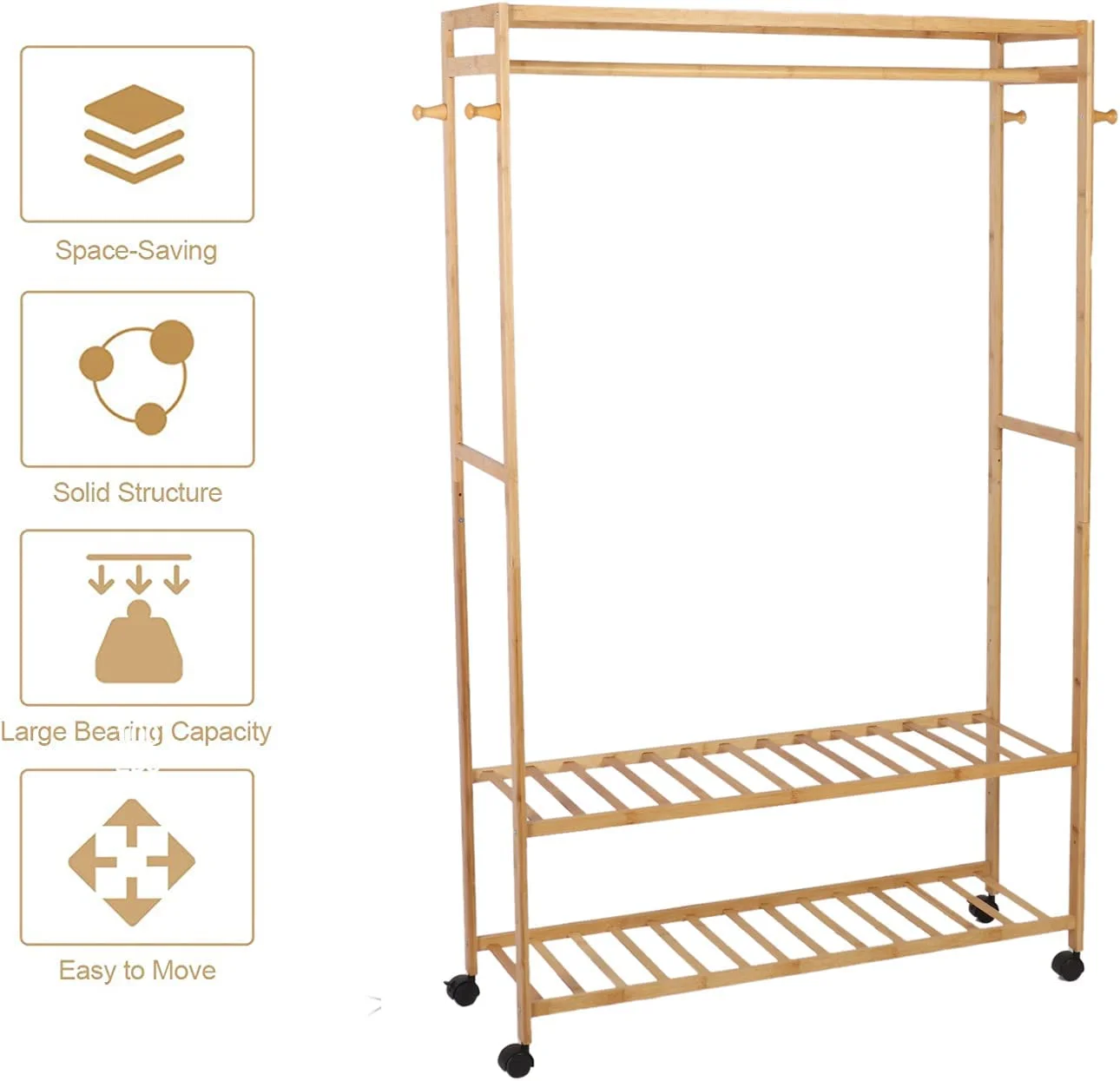 Bamboo Standing Hanger Organizer Coat Rack with Shelves Freestanding Hall Tree