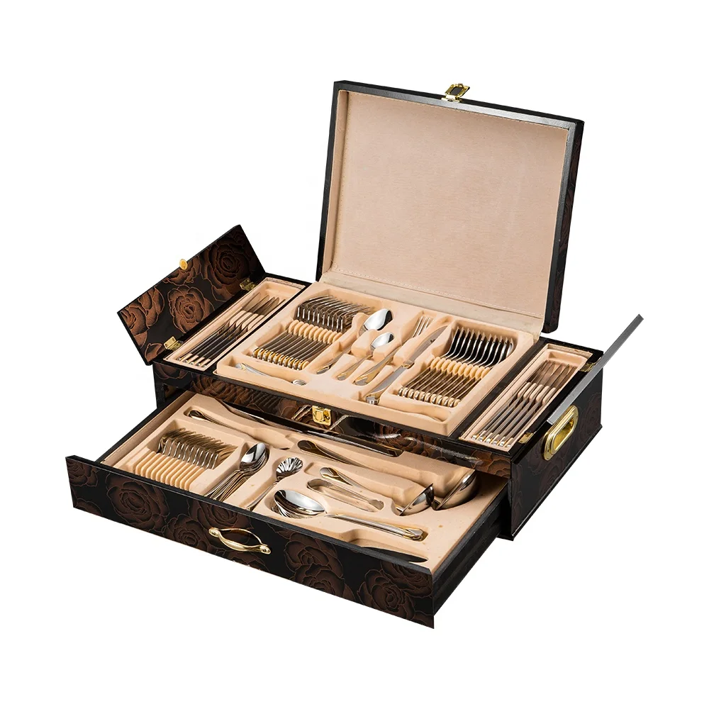 Customized Wedding Knife Fork Spoon Gift Box Luxury Stainless Steel Gold Flatware Cutlery