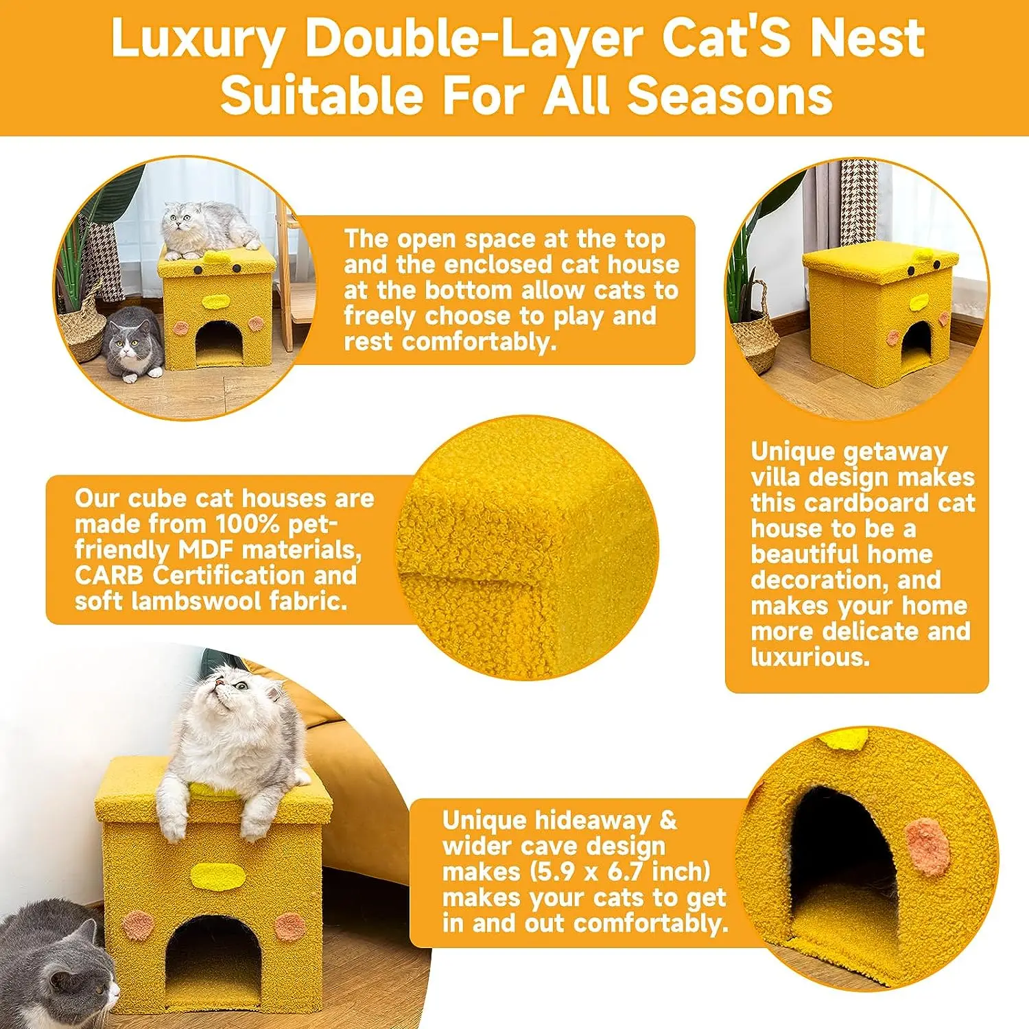 Cat Bed House Cube for Indoor Cats Large Indoor Covered Cave Bed Cat Ottoman for Pets Sleeping