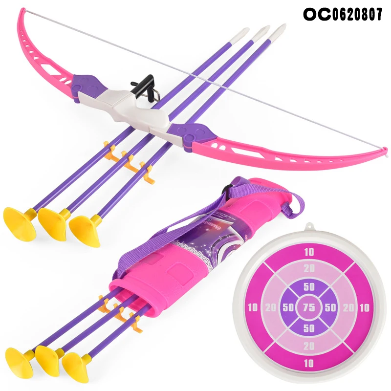 Girls pink shooting target plastic archery bow and arrow game toy for kids