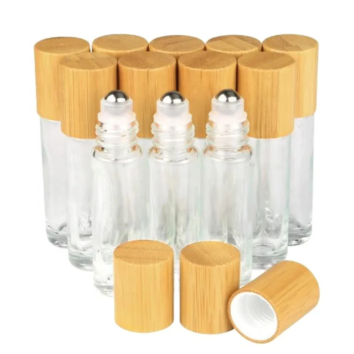 luxury empty fancy perfume roll-on perfume 10 ml clear crystal glass 10ml roll on bottle with bamboo lid cap for essential oil