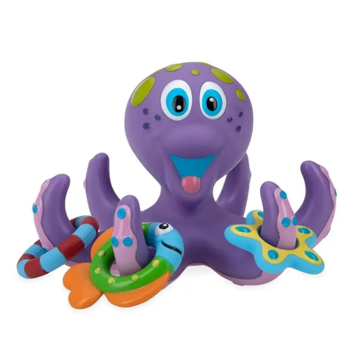 Cartoon bathing and playing water toys Floating Purple Octopus with 5 Hoopla Rings Interactive Bath Toy for toddlers