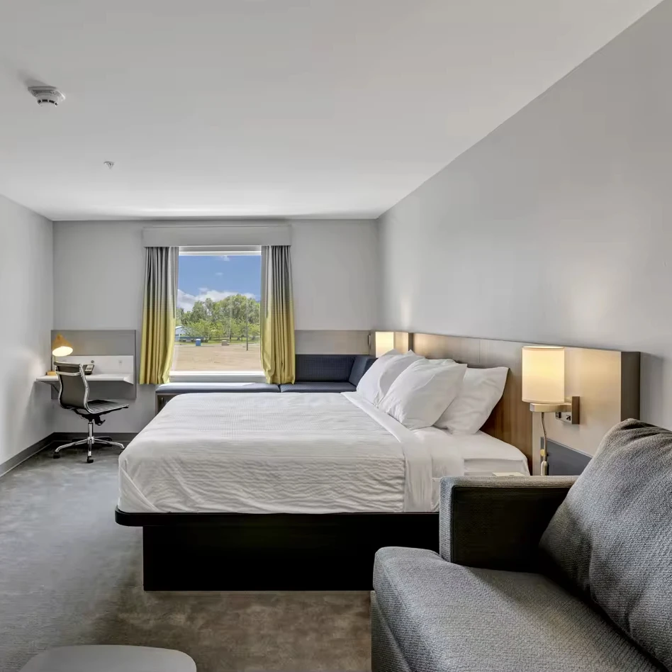 2024 новейший Microtel от Wyndham мебель для гостиничных номеров Современный 5-Звездочный набор спальни отеля с деревянной кроватью столовой