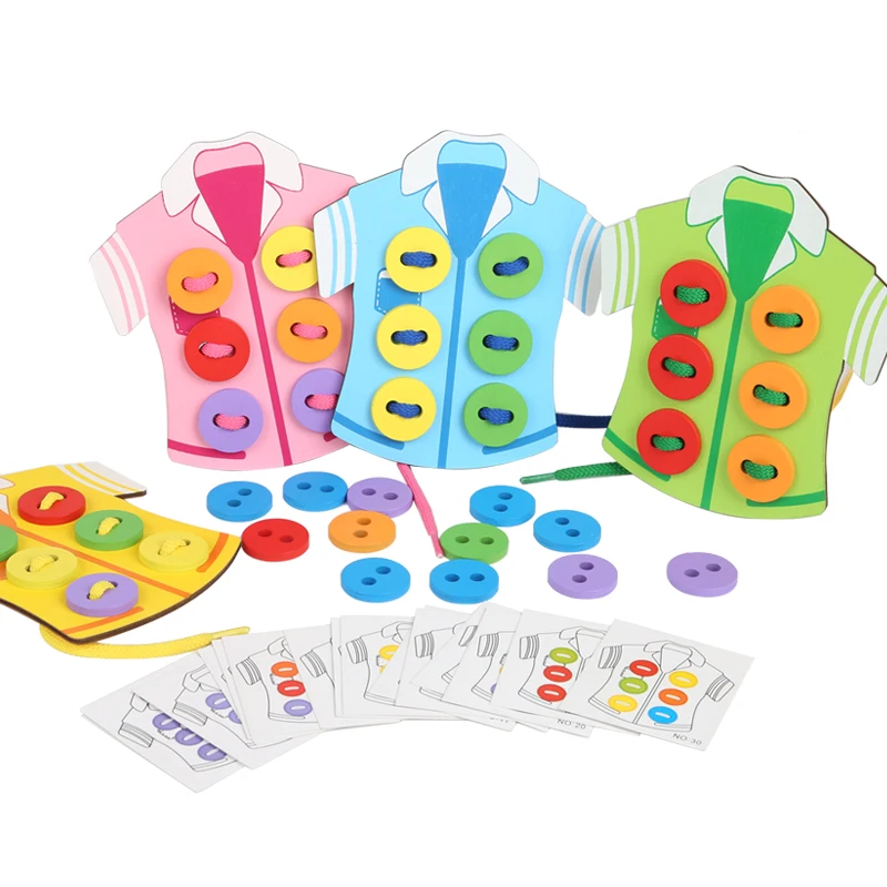 Early Development Fine Motor Skill Threading Sewing Button Game Wooden Clothes Lacing Game