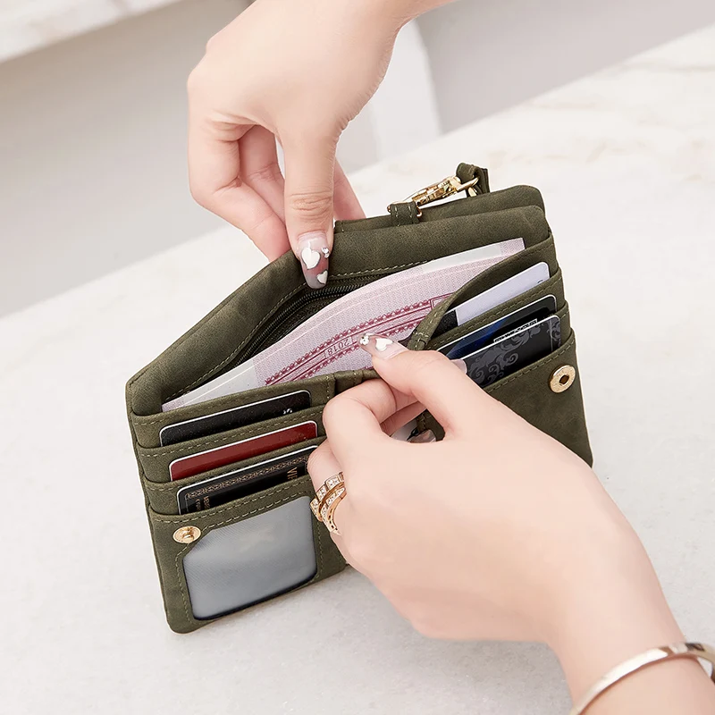 Small PU Leather Women Short Wallet Portable Card Holder With Zipper Coin Pocket With Wrist Strap Multiple Card Slots Wallet