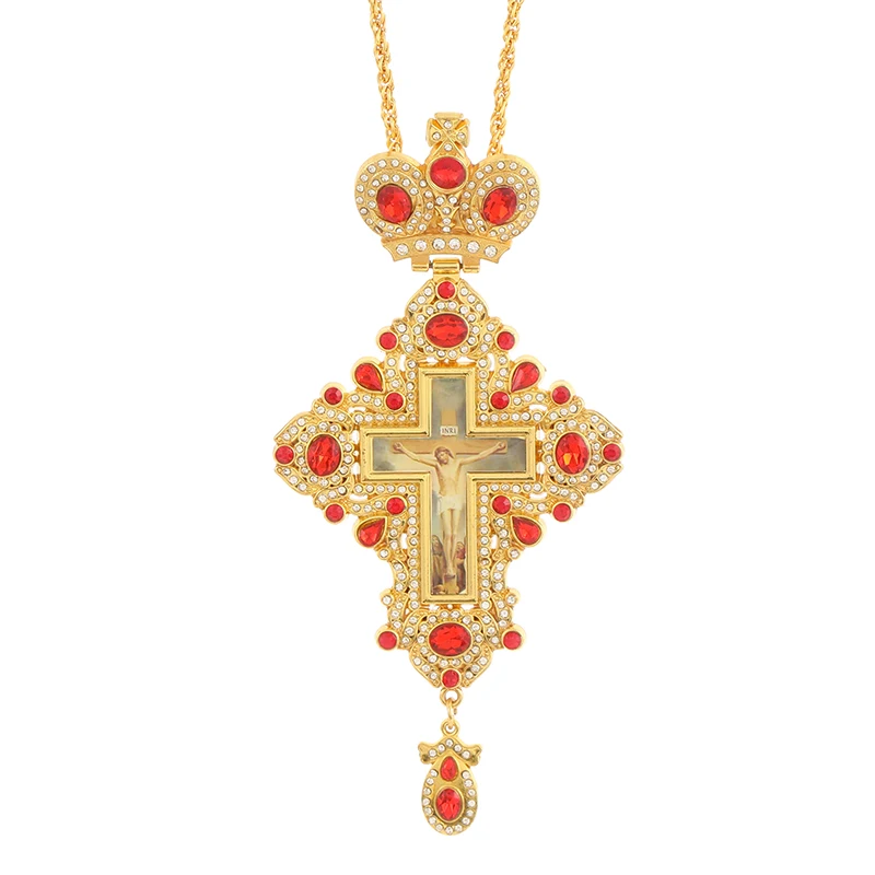 HT Classic Model of Gold Plated Orthodox big Pectoral Cross with Jesus Icon Alloy Necklace for Bishop Priest
