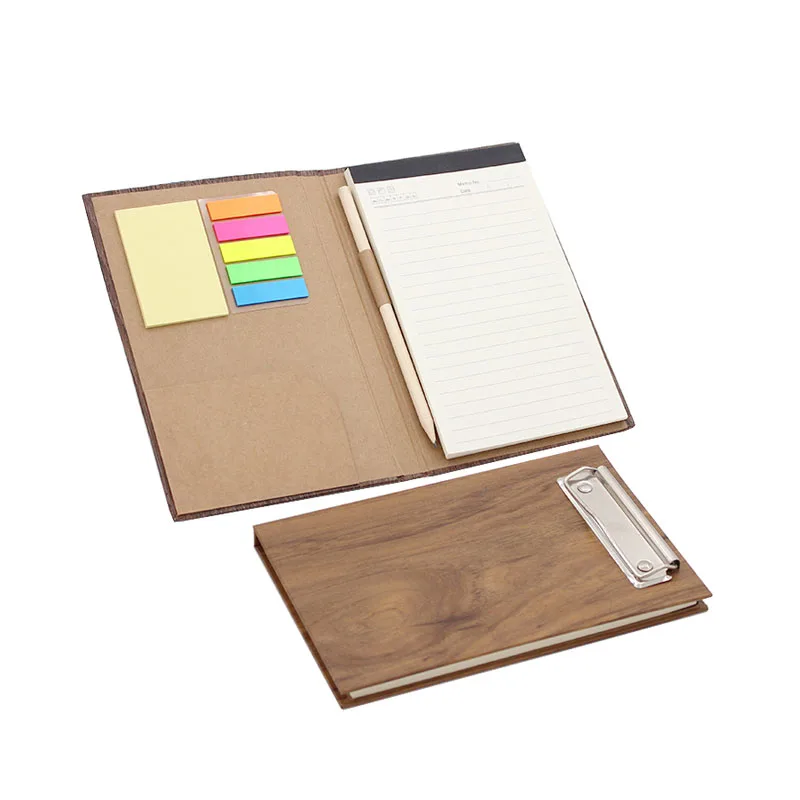 Novelty Creative Wood Grain Cover Notepad Multifunctional Clip Sticky Memo Pad Customize Promo Gifts Notebooks with Pen Pencil