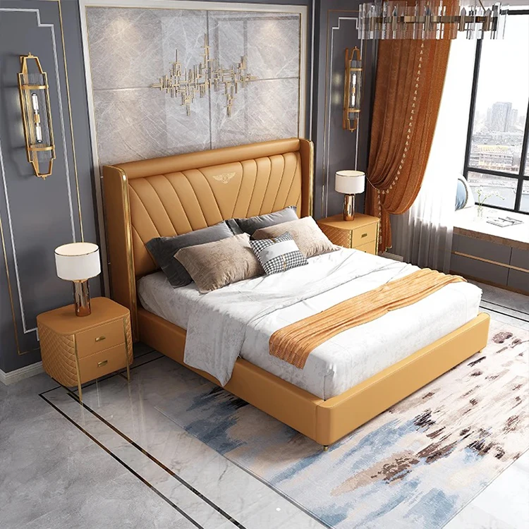 Latest modern simple luxury leather bed sets furniture bedroom solid wooden frame double california king size bed