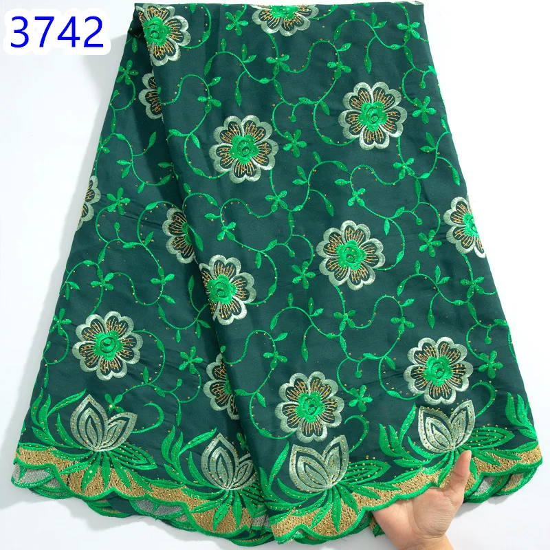 white Nigerian Cotton Lace Fabric High Quality 2024 Swiss Voile With Rhinestones African Crystal Lace  For Women Dresses3742