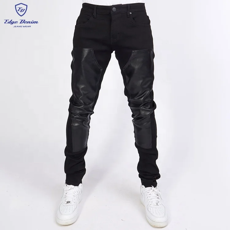 EDGE DENIM  custom double knee leather patch for men carpenter skinny denim jeans