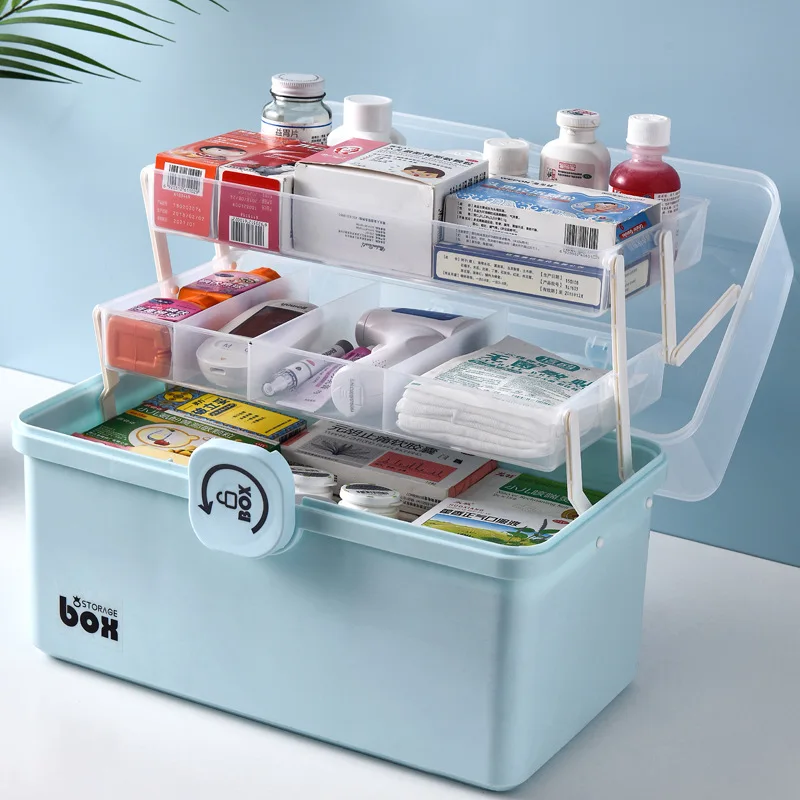 Large capacity family emergency first aid kit pill case 3-compartment medicine box medicine organizer with handle