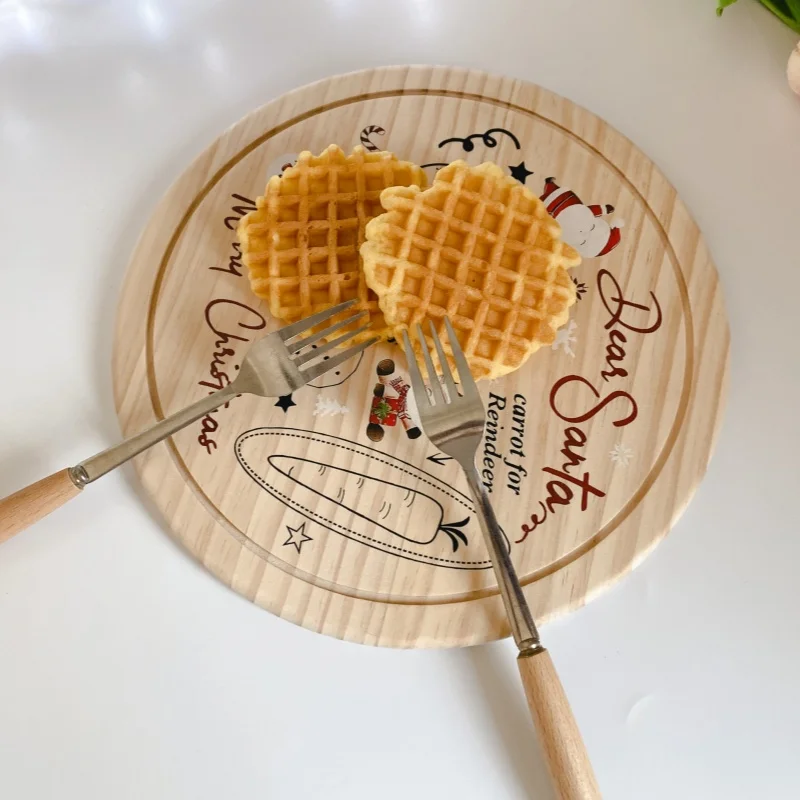 Set of 2 Santa Cookie Plate Mats & Pads Kids Christmas Eve Treats Serving Board Platter Wooden Milk Tray for Kids