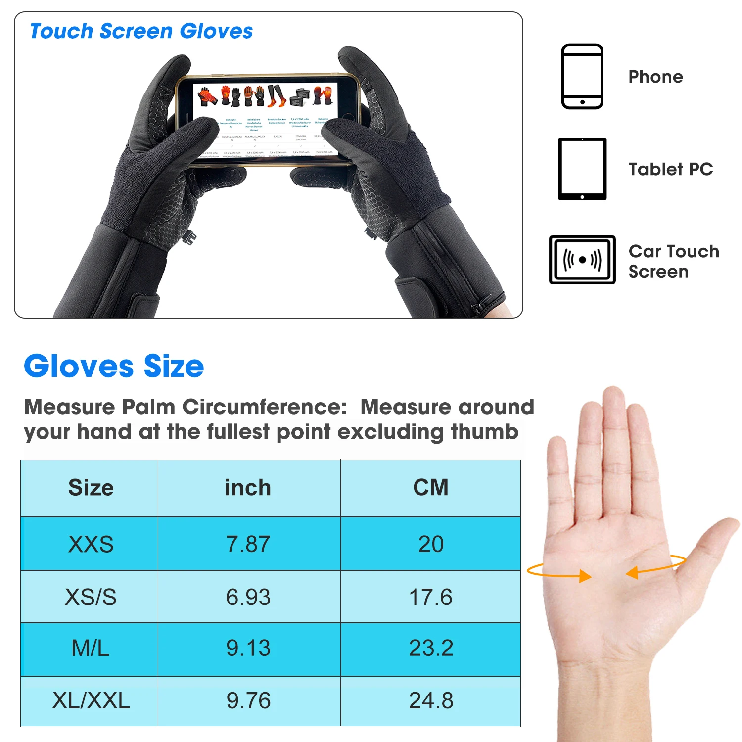 7.4v Touch Screen Waterproof Snow Heating Glove Liners Battery Rechargeable Electric Heated Ski Gloves