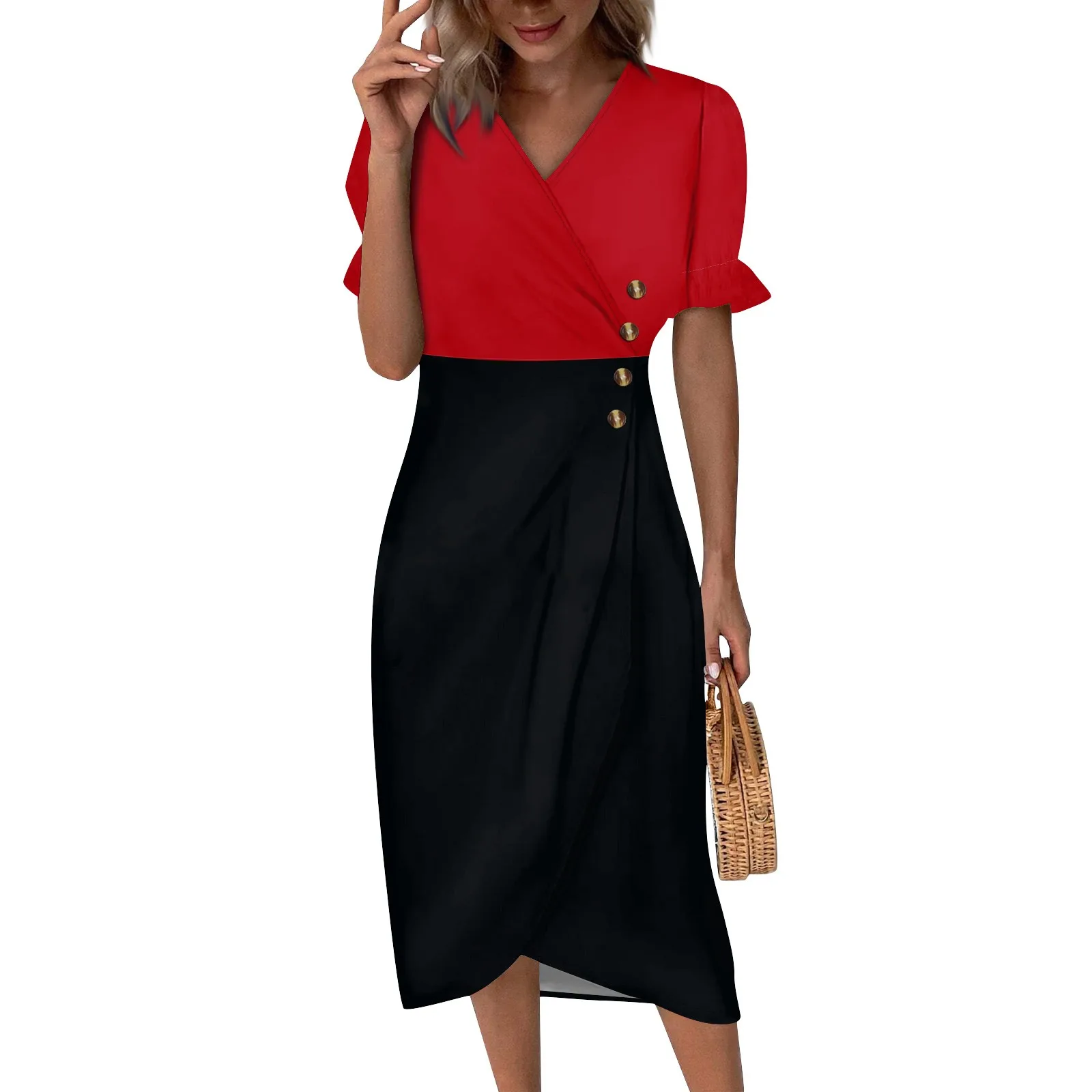 2024 Summer Sundress for Women  Straight Line V-Neck Short Sleeves Woven Beach Dress