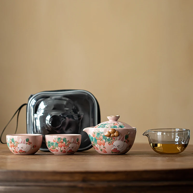 RU Kiln Ceramic Portable Tea Set Quick Cup & Pot with Luxury Chinese Design for Home & Outdoor Travel